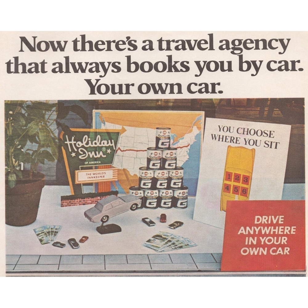1969 Gulf Oil Travel Agency Vintage Print Ad Holiday Inn Road Trip Travel Guide